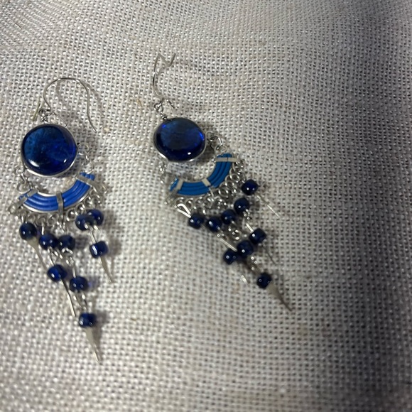 Handmade Blue Beaded Dangle Earrings - Picture 6 of 6
